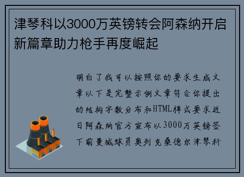 津琴科以3000万英镑转会阿森纳开启新篇章助力枪手再度崛起